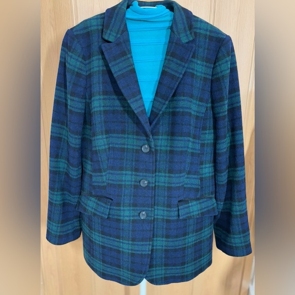 Talbots Green Blue Plaid Tartan Blazer 3 Button Up Wool Womens Jacket Sz14 - Picture 1 of 7